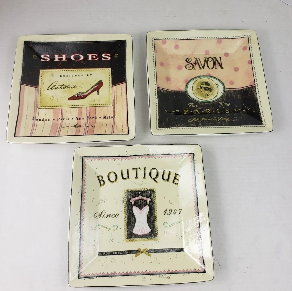 3 Sakura Vintage Boutique Square Stoneware Salad Dessert Plates Paris Motif